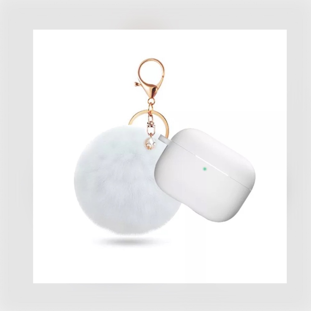 AIRPOD PRO WHITE SILICONE GEN 1 & 2 PROTECTIVE CASE W/POM POM FUR-BALL KEYCHAIN